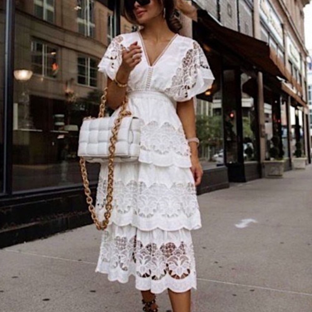 FARM Rio White Tiered Lace Midi Dress - Picture 15 of 15